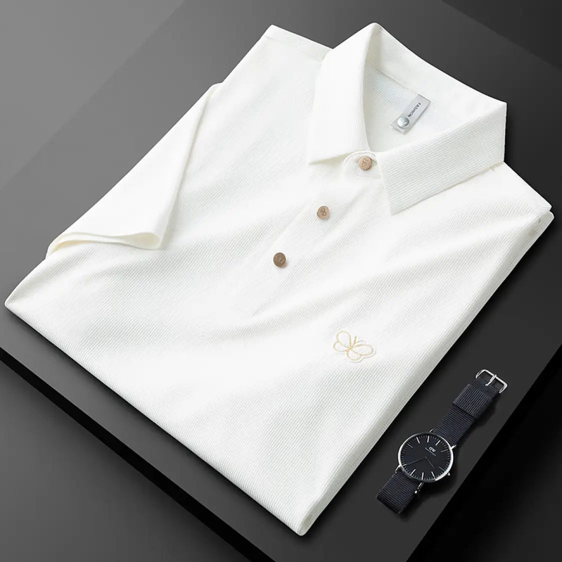 Classic Textured Polo Shirt with Elegant Butterfly Embroidery