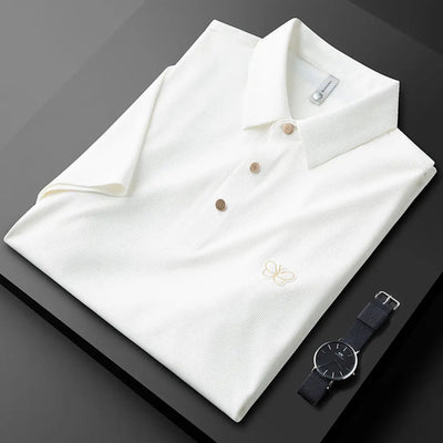 Classic Textured Polo Shirt with Elegant Butterfly Embroidery
