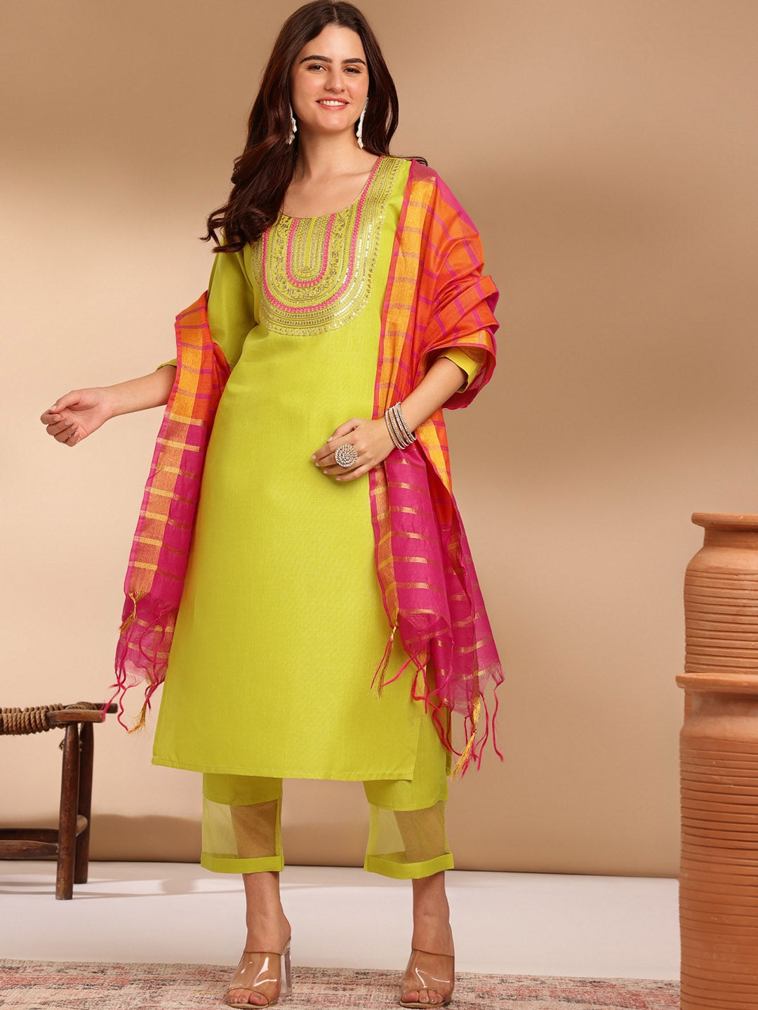 Lime Green Ethnic Kurta Set with Pink Ombre Dupatta