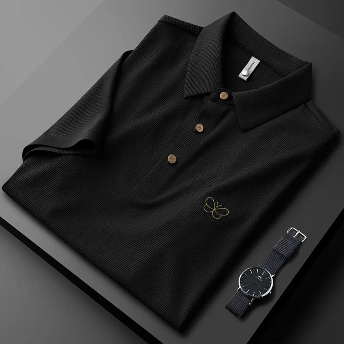 Classic Textured Polo Shirt with Elegant Butterfly Embroidery