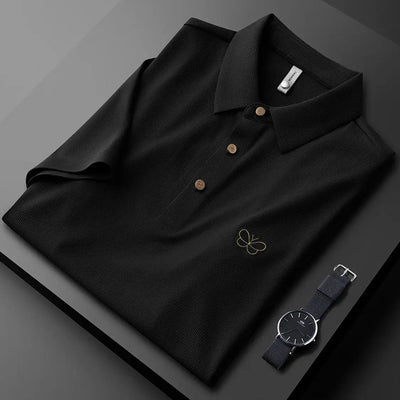 Classic Textured Polo Shirt with Elegant Butterfly Embroidery