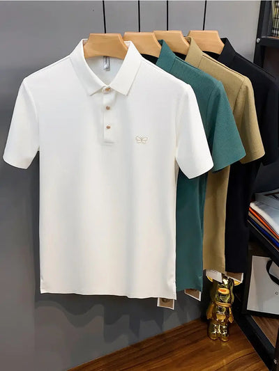 Classic Textured Polo Shirt with Elegant Butterfly Embroidery
