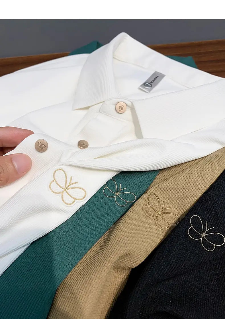 Classic Textured Polo Shirt with Elegant Butterfly Embroidery