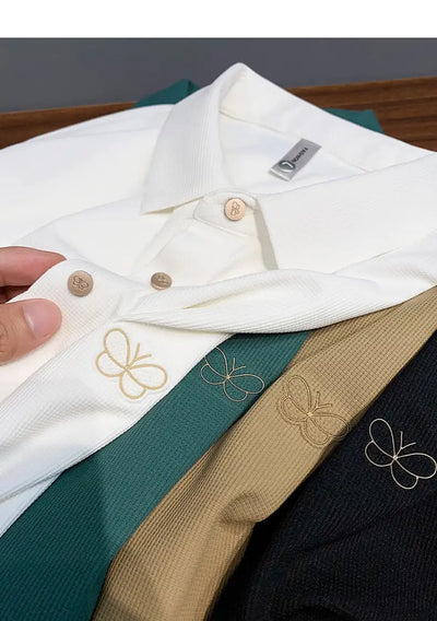 Classic Textured Polo Shirt with Elegant Butterfly Embroidery