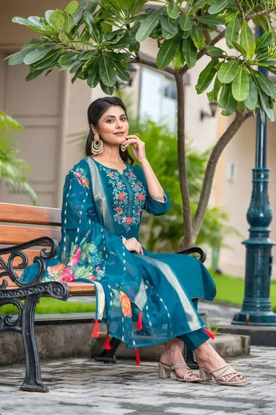 Elegant Teal Embroidered Kurta Set with Floral Dupatta