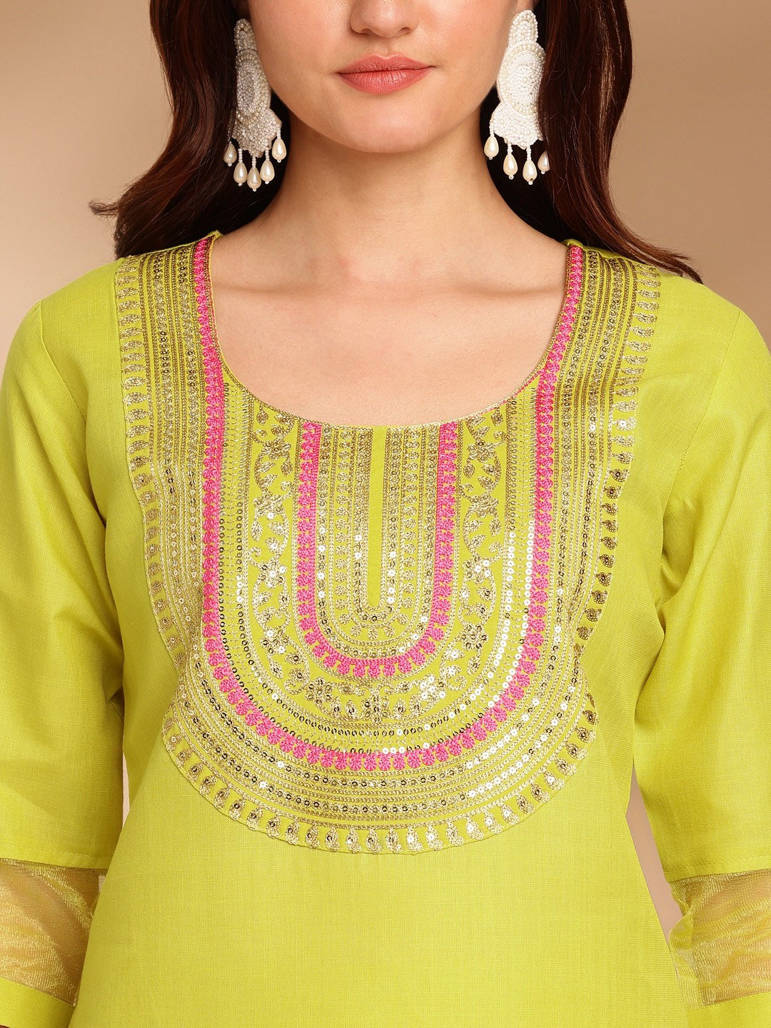 Lime Green Ethnic Kurta Set with Pink Ombre Dupatta