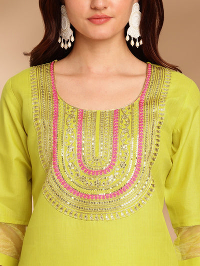 Lime Green Ethnic Kurta Set with Pink Ombre Dupatta