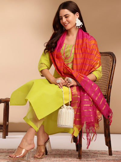 Lime Green Ethnic Kurta Set with Pink Ombre Dupatta