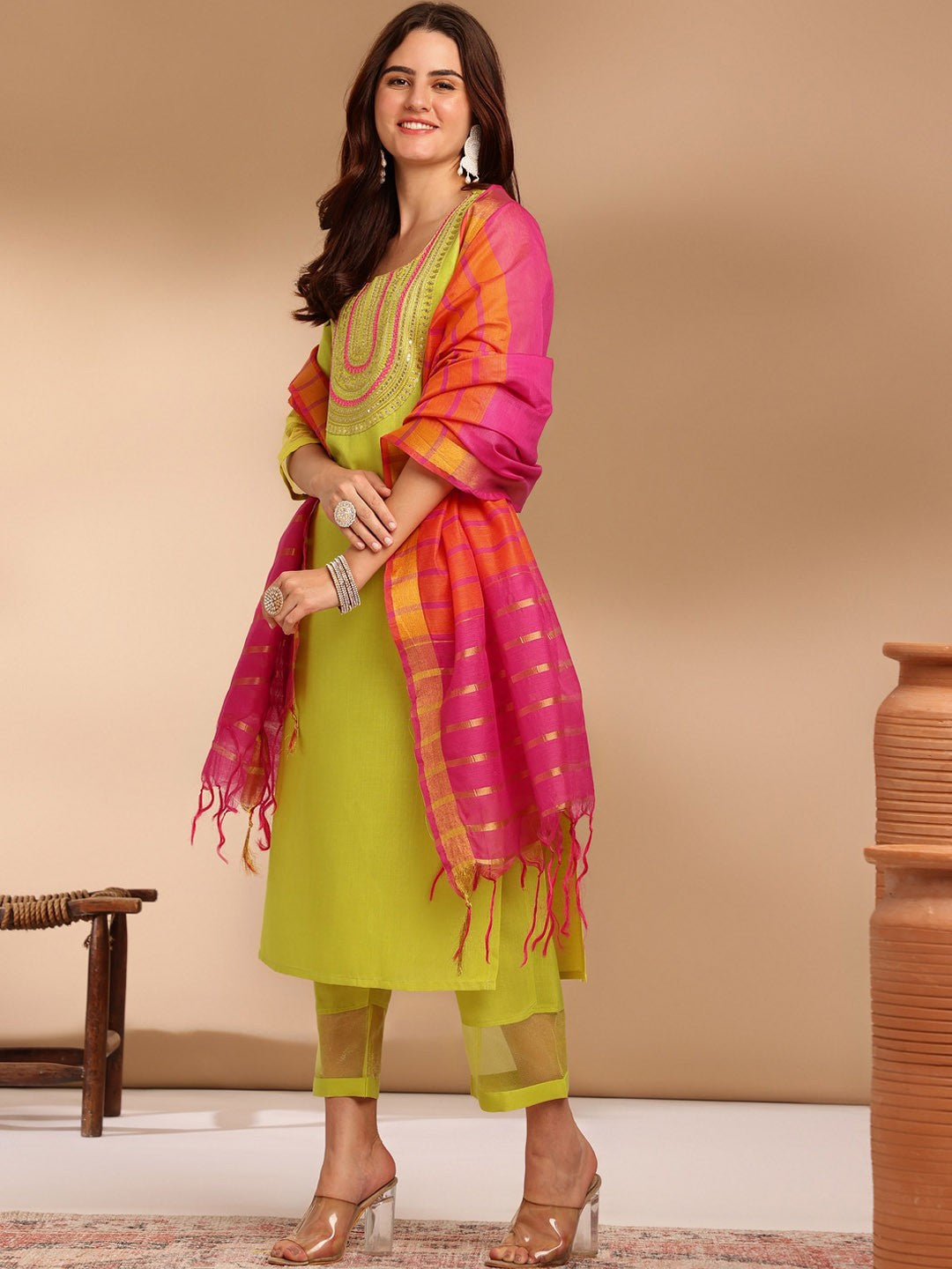 Lime Green Ethnic Kurta Set with Pink Ombre Dupatta