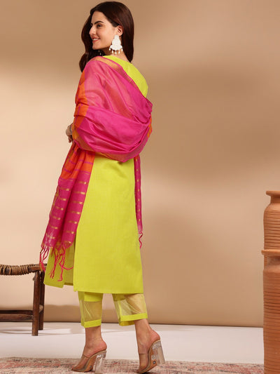 Lime Green Ethnic Kurta Set with Pink Ombre Dupatta