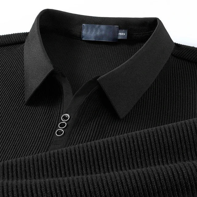 Ribbed Knit Polo Shirt with Button Detail