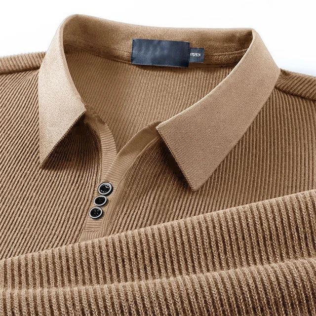 Ribbed Knit Polo Shirt with Button Detail