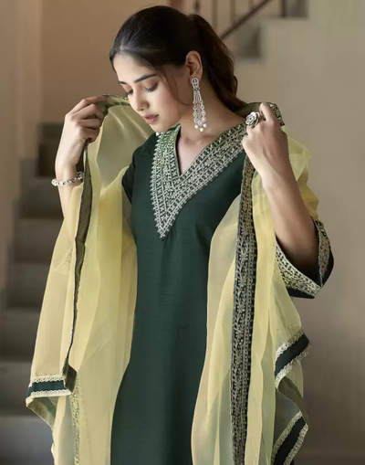 Designer Wine Kurta Set with Contrast Gold Organza Dupatta