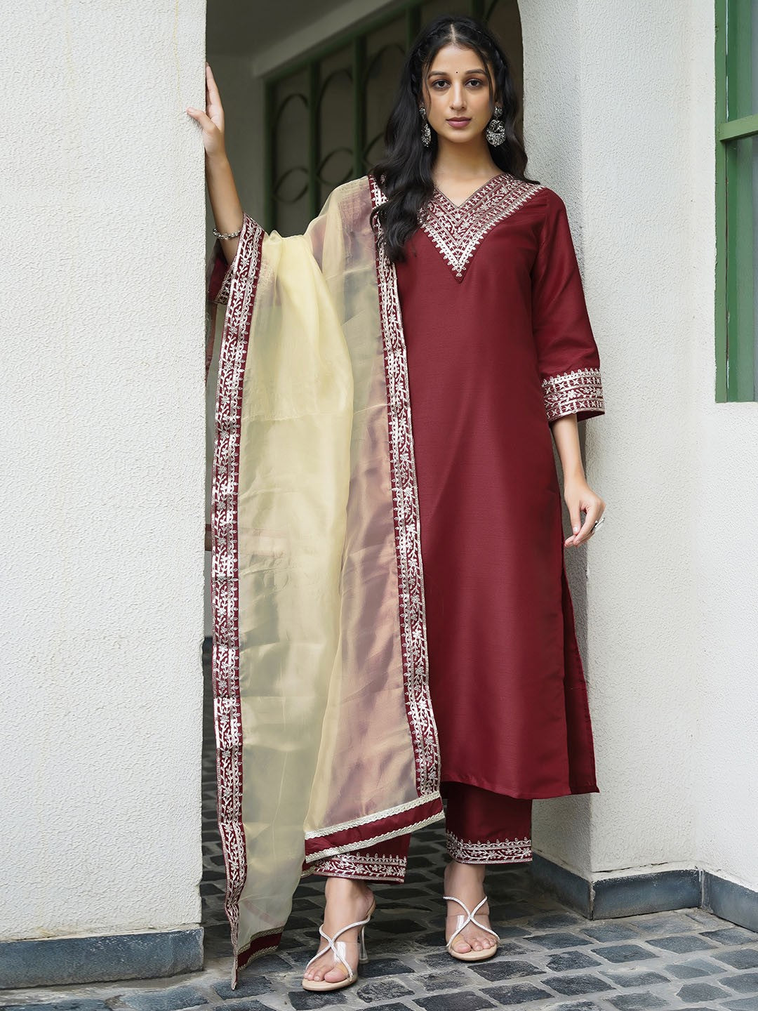 Designer Wine Kurta Set with Contrast Gold Organza Dupatta