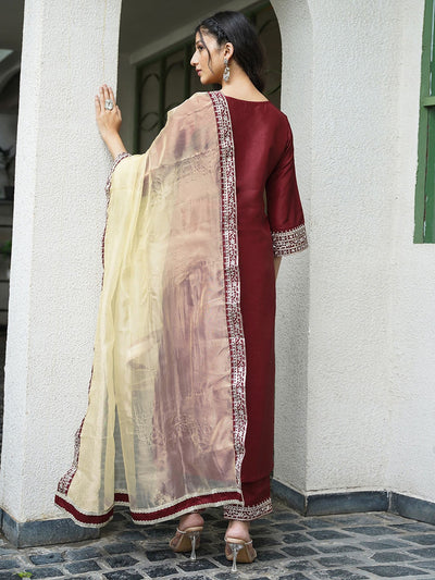 Designer Wine Kurta Set with Contrast Gold Organza Dupatta