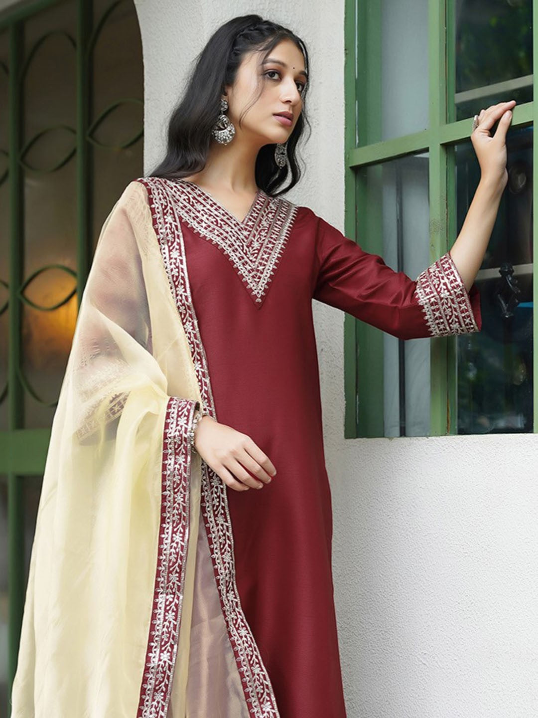 Designer Wine Kurta Set with Contrast Gold Organza Dupatta