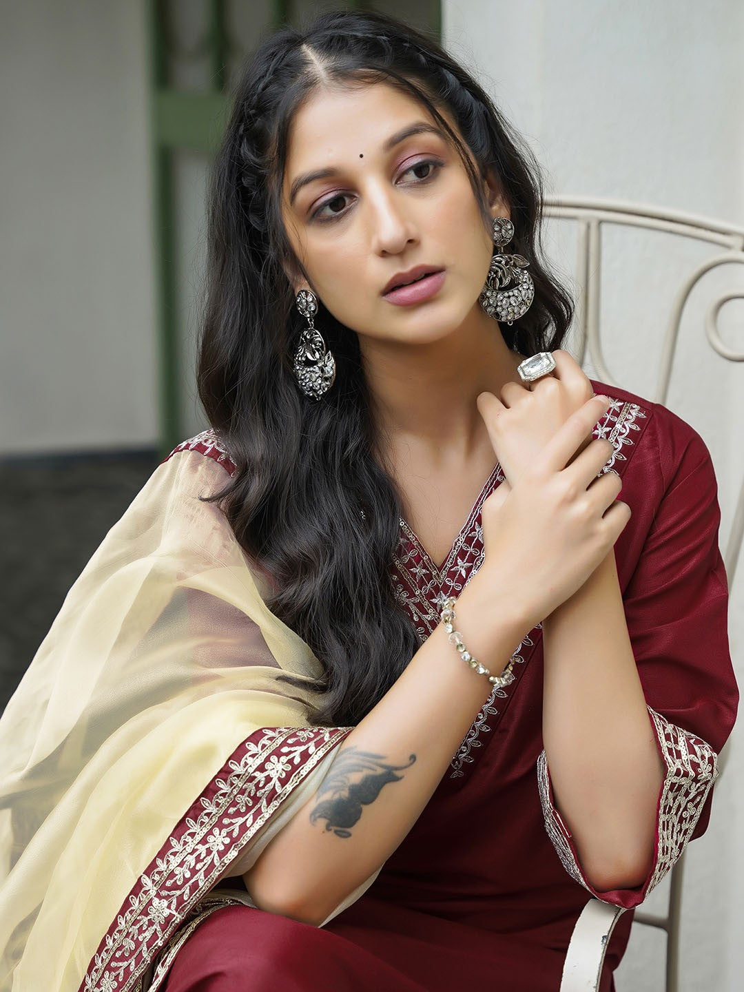 Designer Wine Kurta Set with Contrast Gold Organza Dupatta