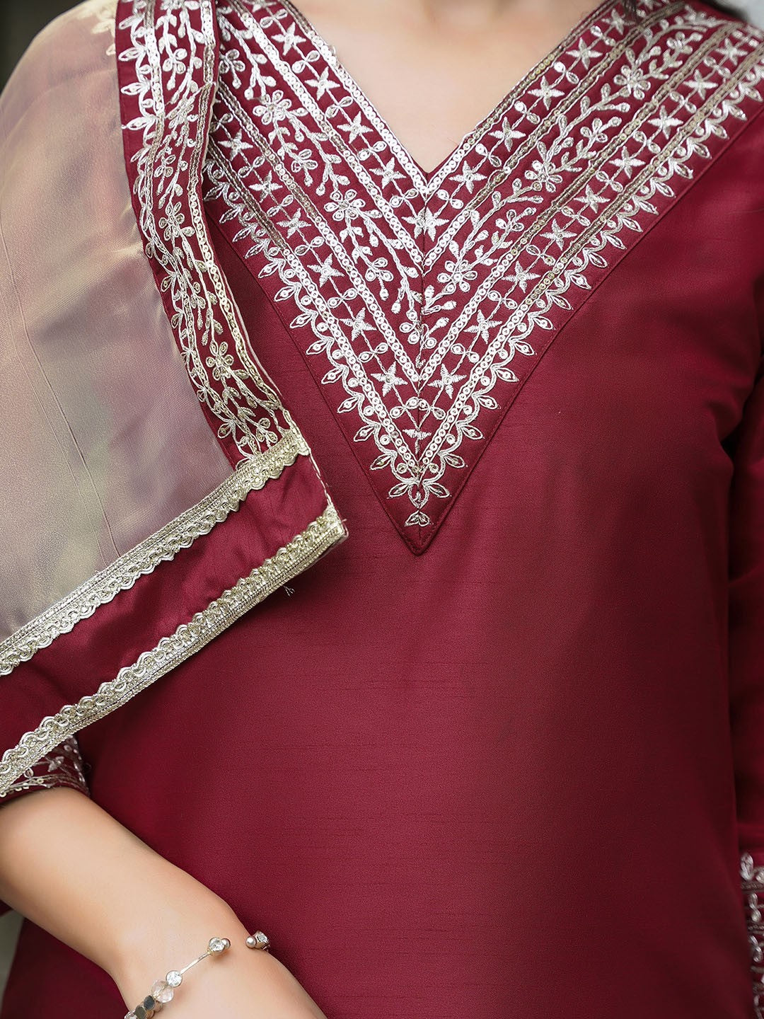 Designer Wine Kurta Set with Contrast Gold Organza Dupatta
