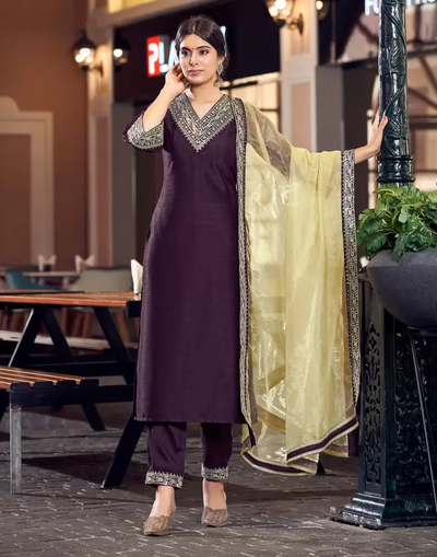 Designer Wine Kurta Set with Contrast Gold Organza Dupatta