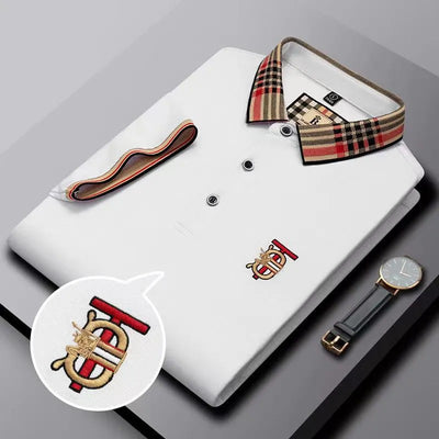 Men's Polo T-Shirt with Plaid Collar and Embroidered Crest