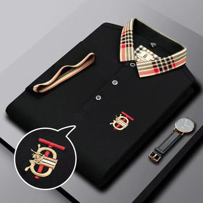 Men's Polo T-Shirt with Plaid Collar and Embroidered Crest