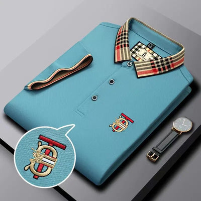 Men's Polo T-Shirt with Plaid Collar and Embroidered Crest