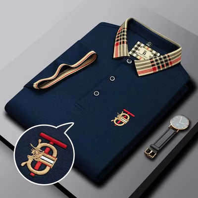 Men's Polo T-Shirt with Plaid Collar and Embroidered Crest