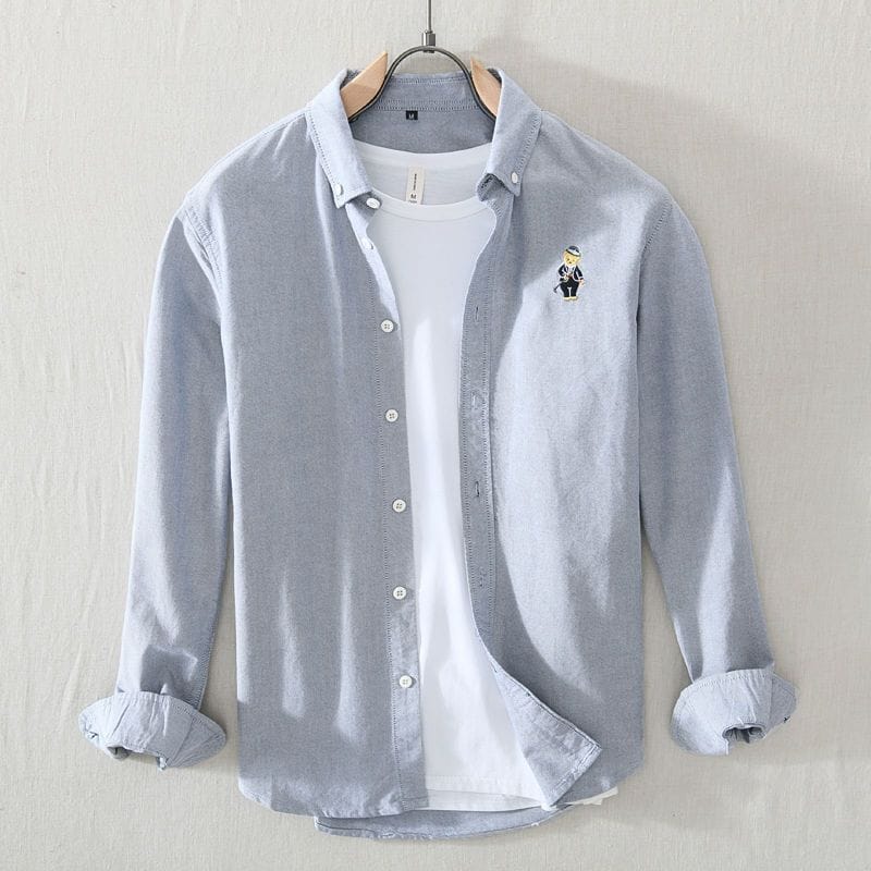 Men’s Casual Button-Down  Cotton Shirt with Icon Patch