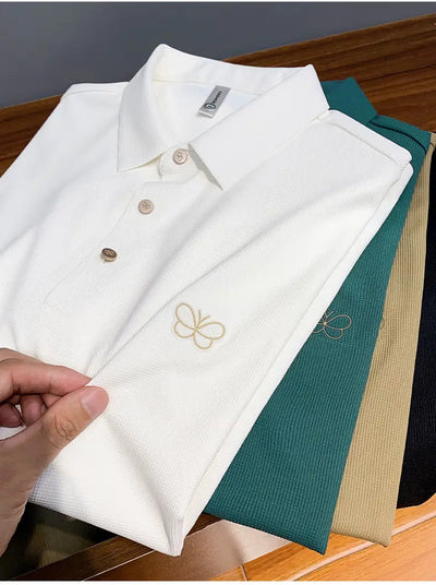 Classic Textured Polo Shirt with Elegant Butterfly Embroidery