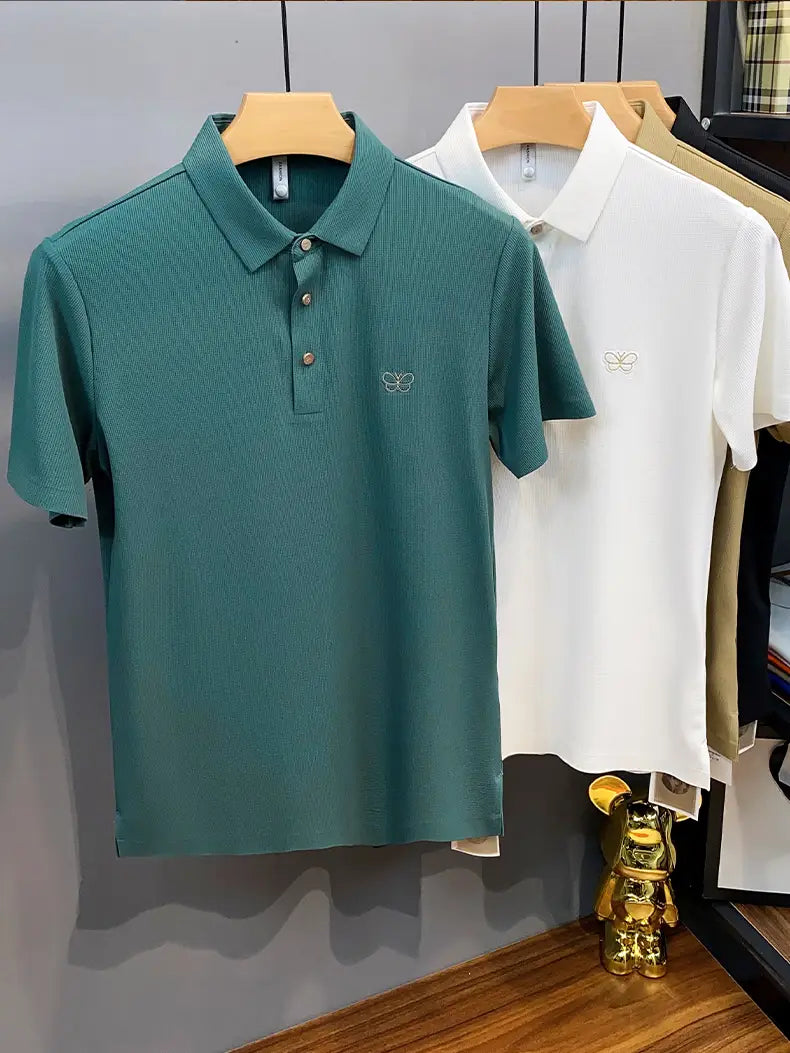 Classic Textured Polo Shirt with Elegant Butterfly Embroidery