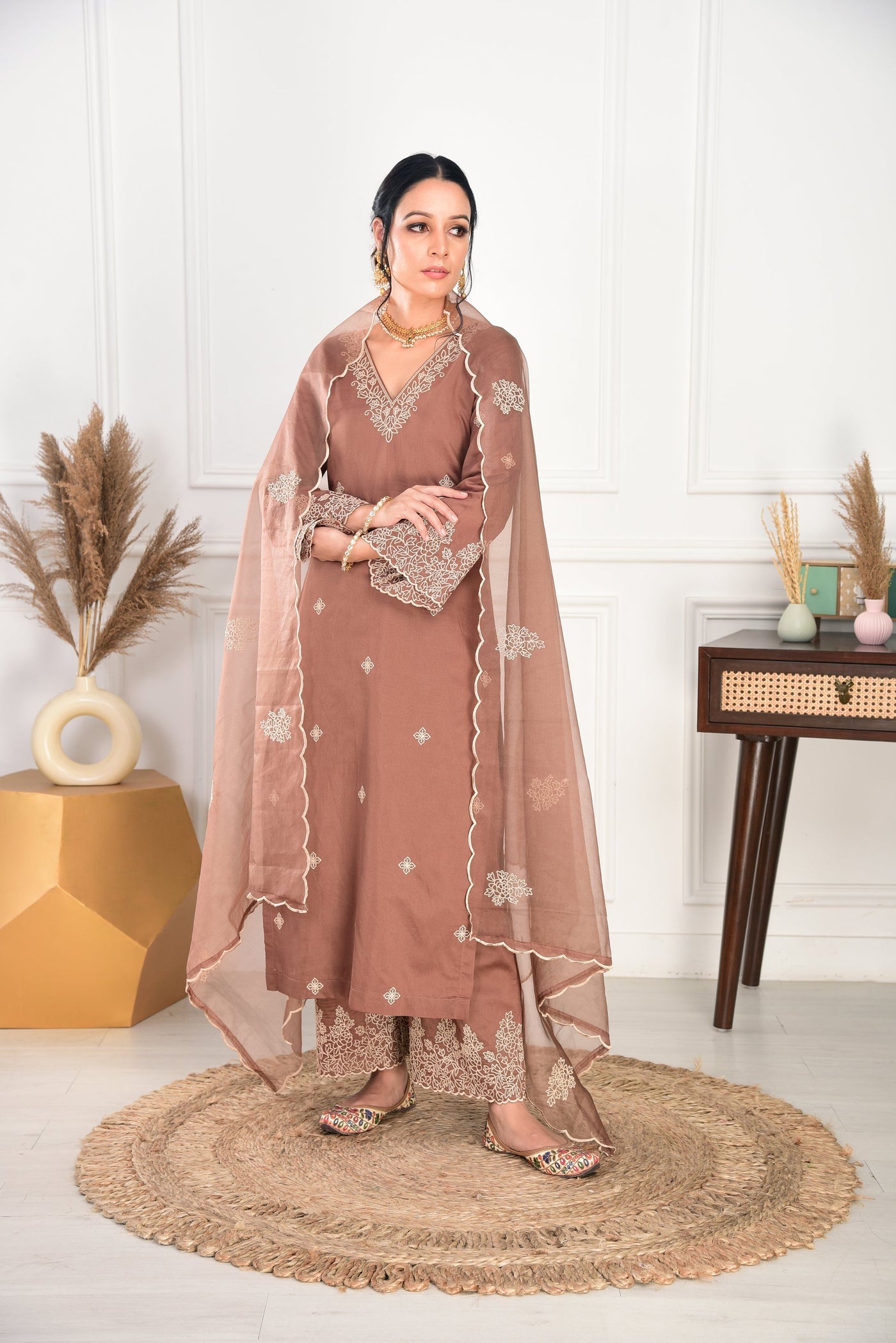 Classic Brown Kurta Set with Net Dupatta & Floral Embroidery