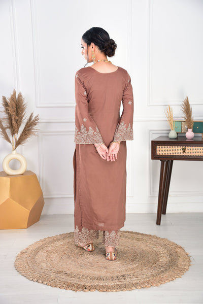 Classic Brown Kurta Set with Net Dupatta & Floral Embroidery