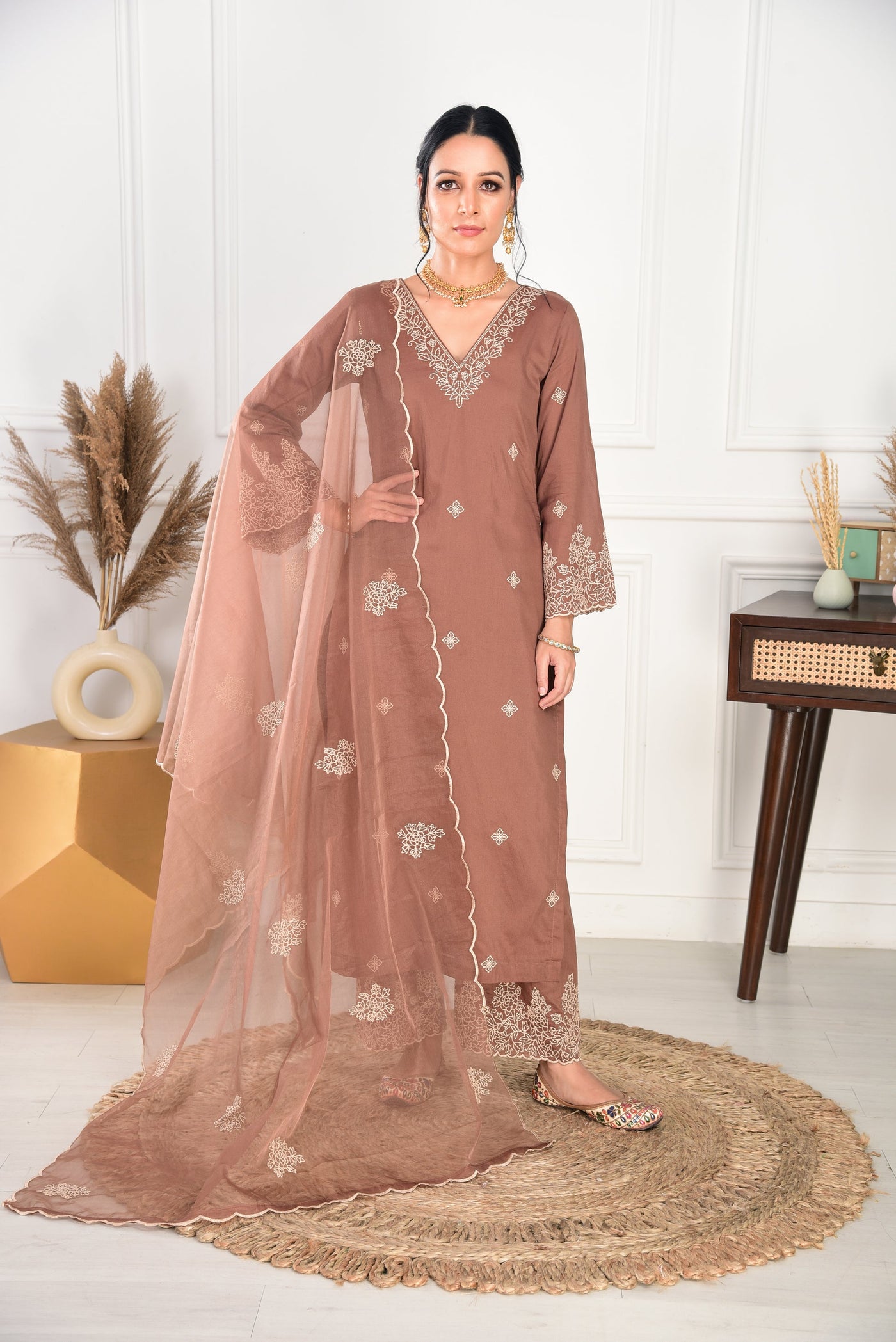 Classic Brown Kurta Set with Net Dupatta & Floral Embroidery