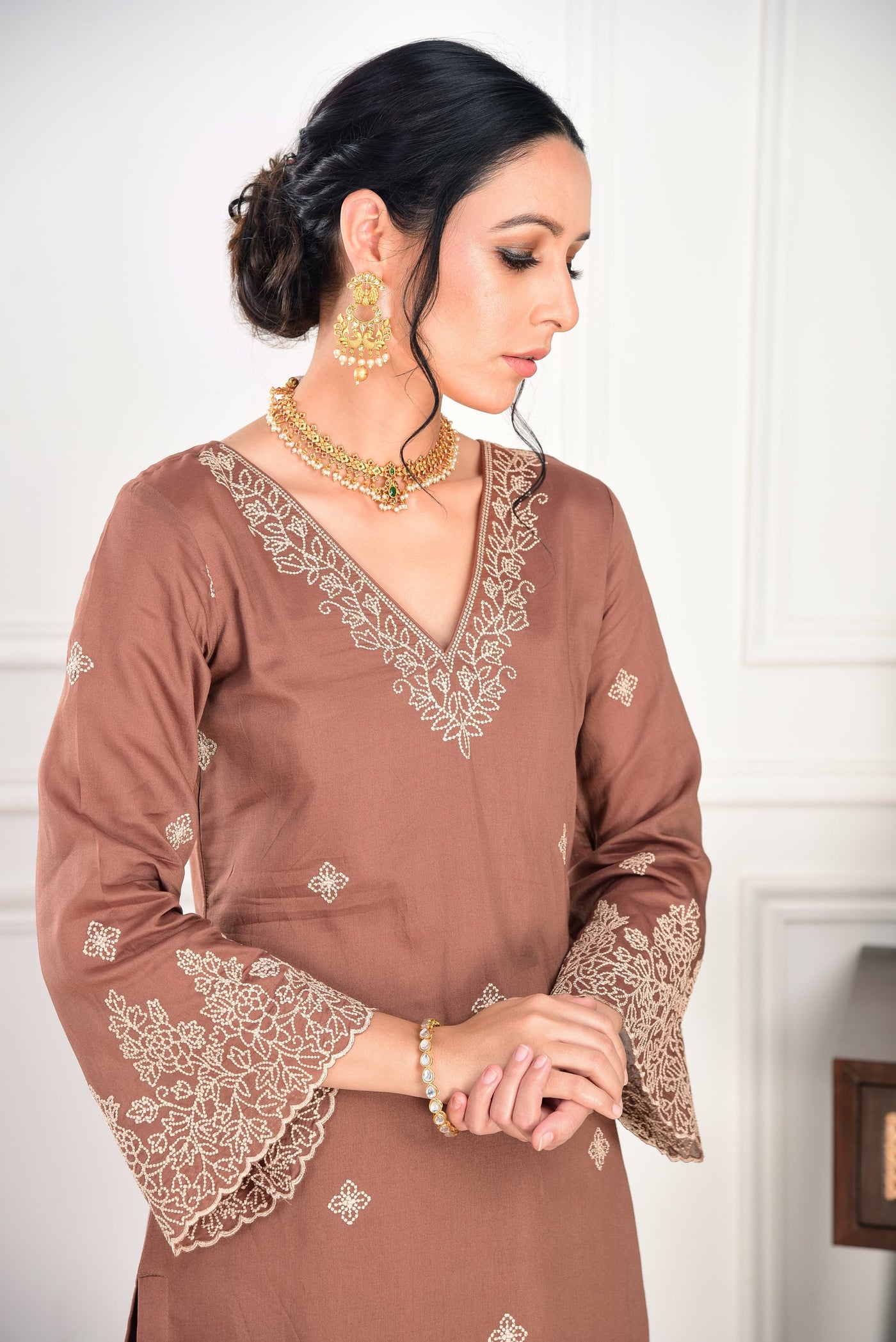 Classic Brown Kurta Set with Net Dupatta & Floral Embroidery