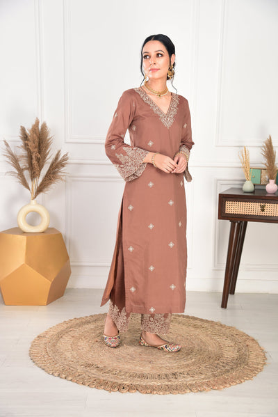 Classic Brown Kurta Set with Net Dupatta & Floral Embroidery