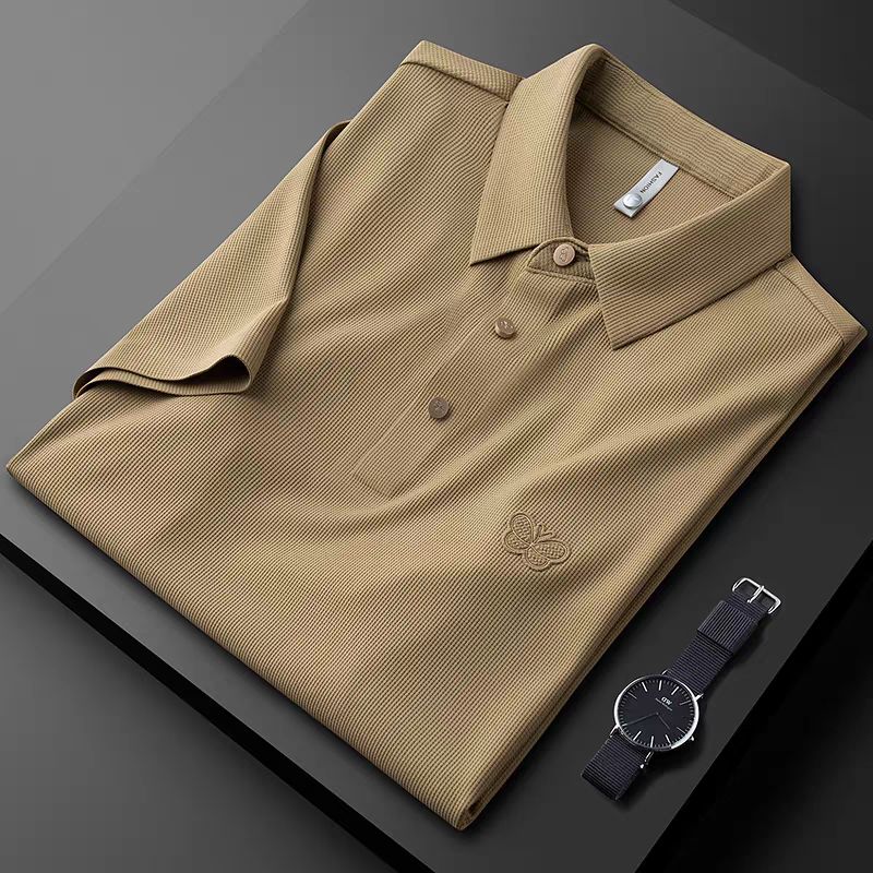 Classic Textured Polo Shirt with Elegant Butterfly Embroidery