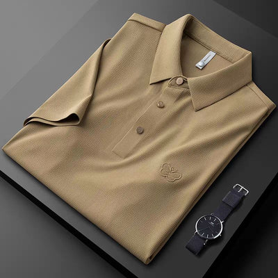 Classic Textured Polo Shirt with Elegant Butterfly Embroidery