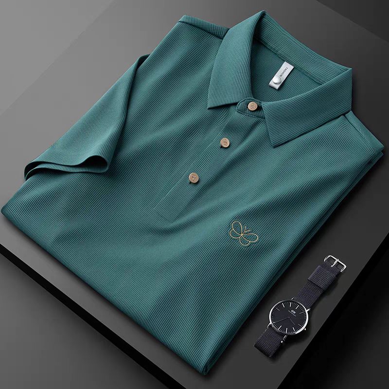 Classic Textured Polo Shirt with Elegant Butterfly Embroidery