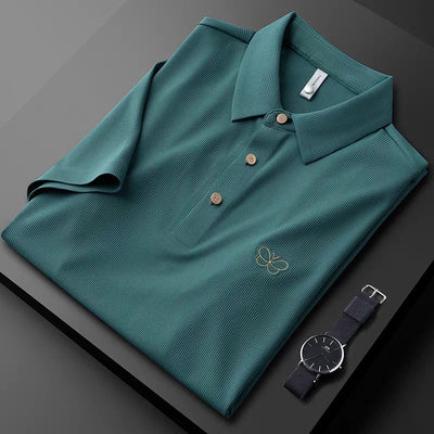 Classic Textured Polo Shirt with Elegant Butterfly Embroidery