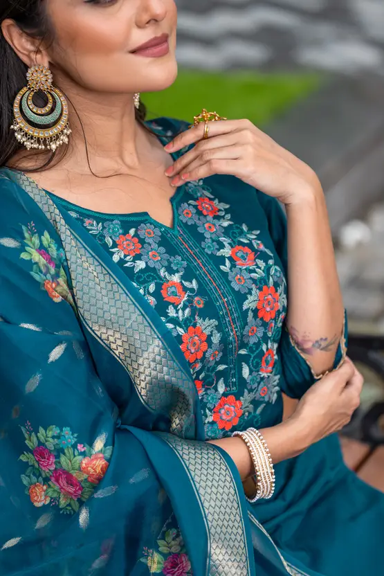 Elegant Teal Embroidered Kurta Set with Floral Dupatta