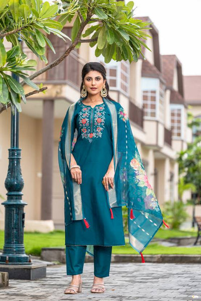 Elegant Teal Embroidered Kurta Set with Floral Dupatta