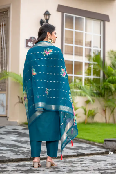 Elegant Teal Embroidered Kurta Set with Floral Dupatta