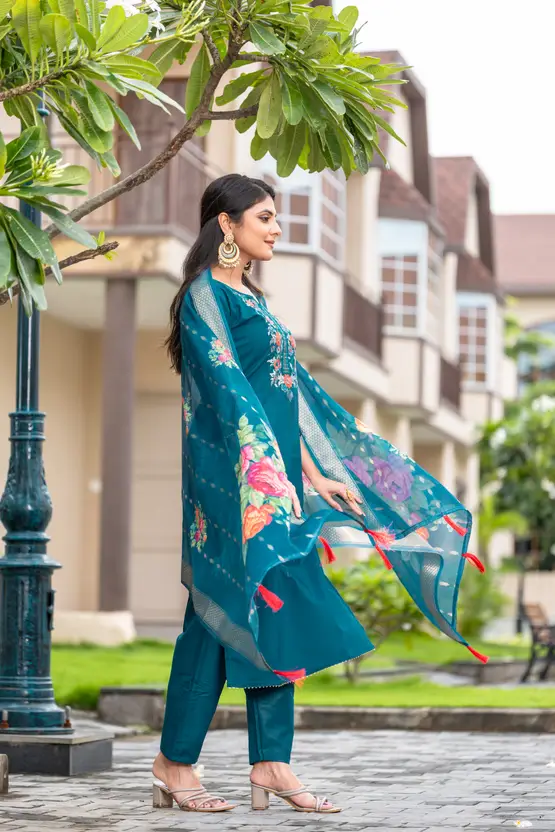 Elegant Teal Embroidered Kurta Set with Floral Dupatta
